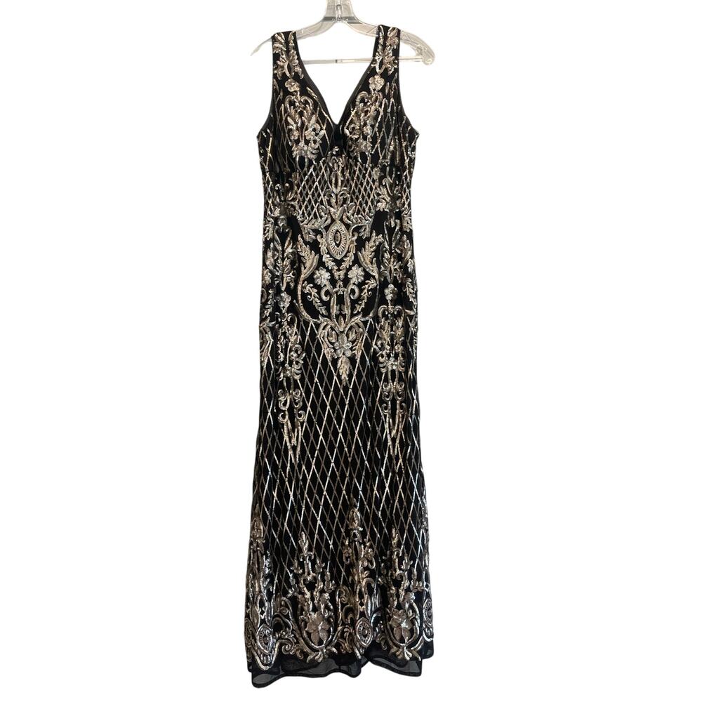 R&M Richards Sequin Embellished Maxi Gown Dress Women's Petite Size 12P Black